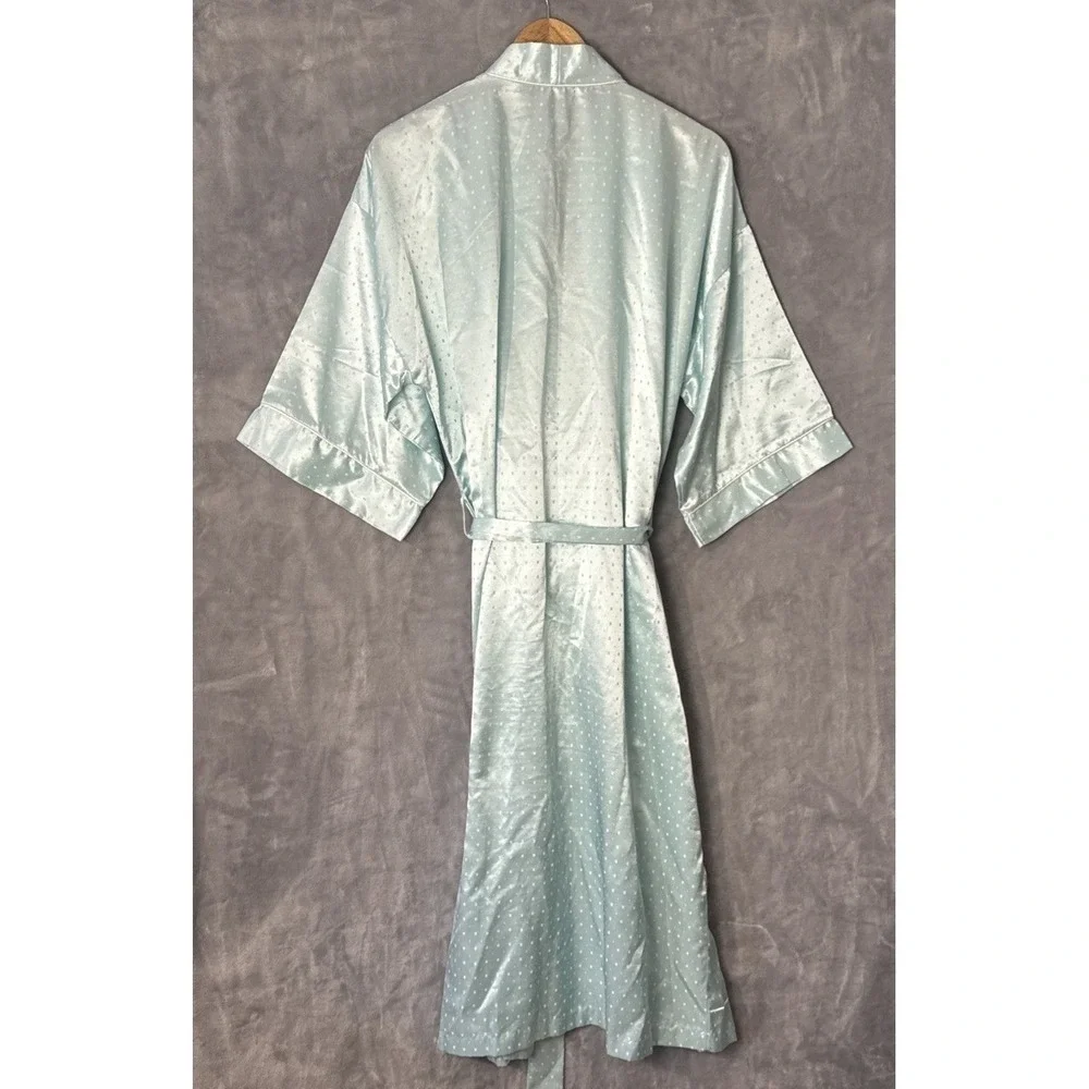 Erika Taylor Robe Women Medium Blue Satin Dobby Dot Wrap Loungewear 13711‎ VTG